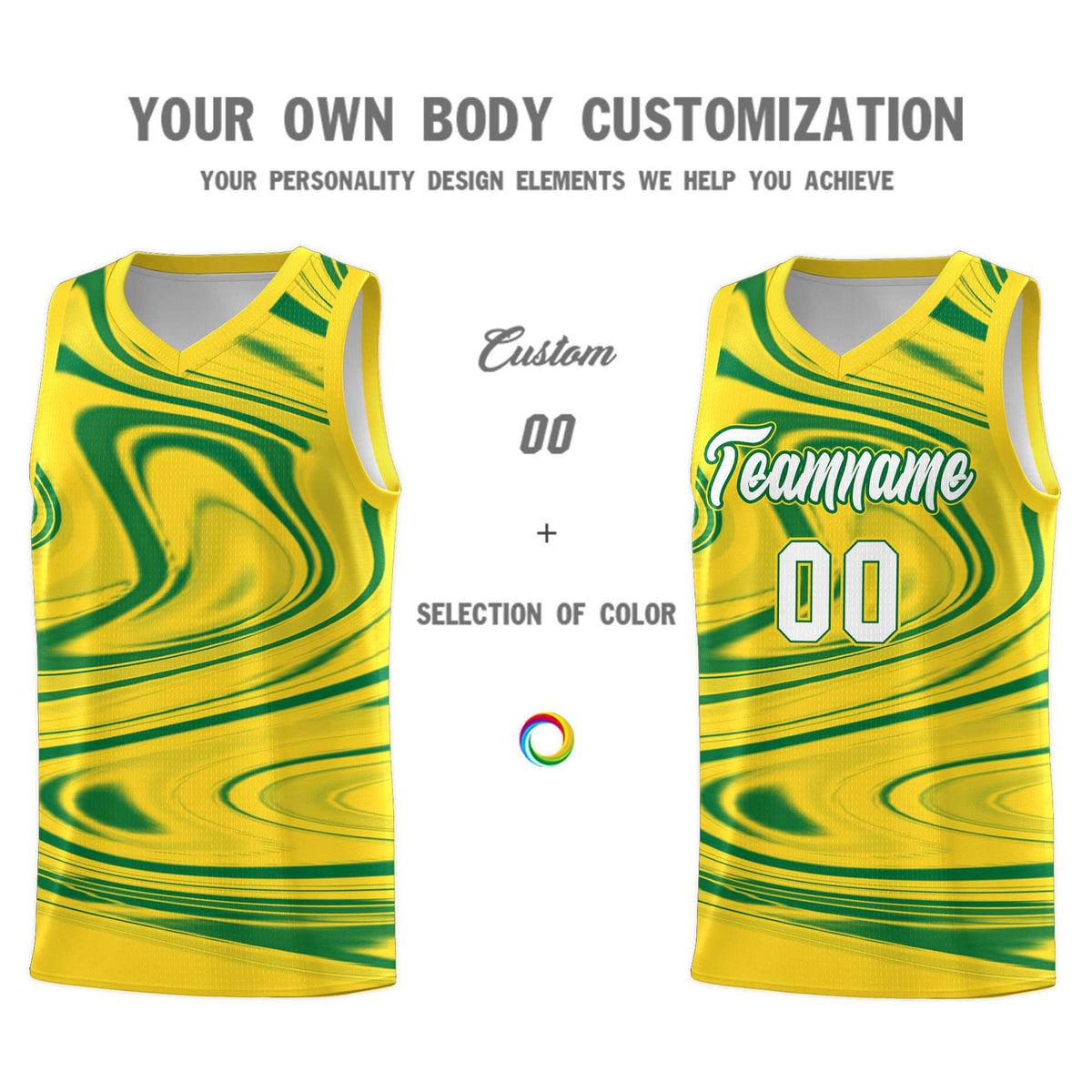 Custom Gold Kelly Green Graffiti Pattern Fluids Style Sports Uniform Basketball Jersey Kits|KXKSHOP