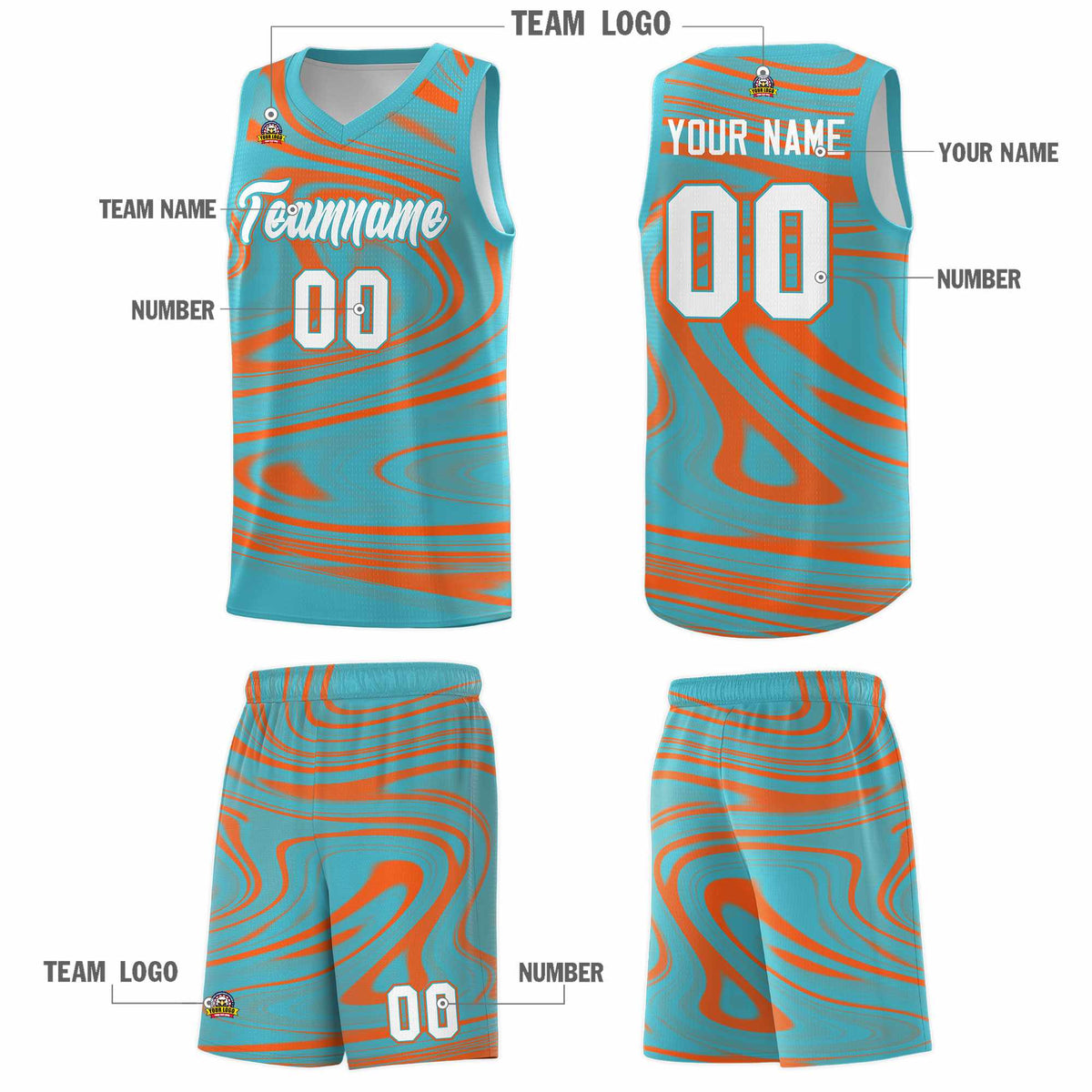 Custom Aqua Orange Graffiti Pattern Fluids Style Sports Uniform Basketball Jersey Kits|KXKSHOP