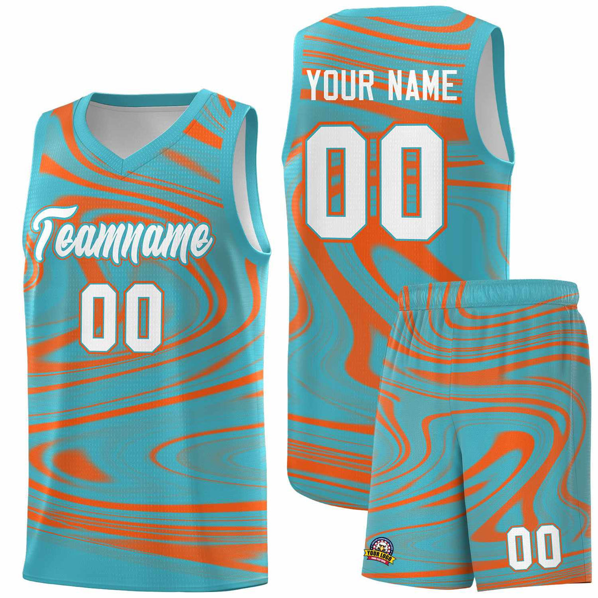 Custom Aqua Orange Graffiti Pattern Fluids Style Sports Uniform Basketball Jersey Kits|KXKSHOP