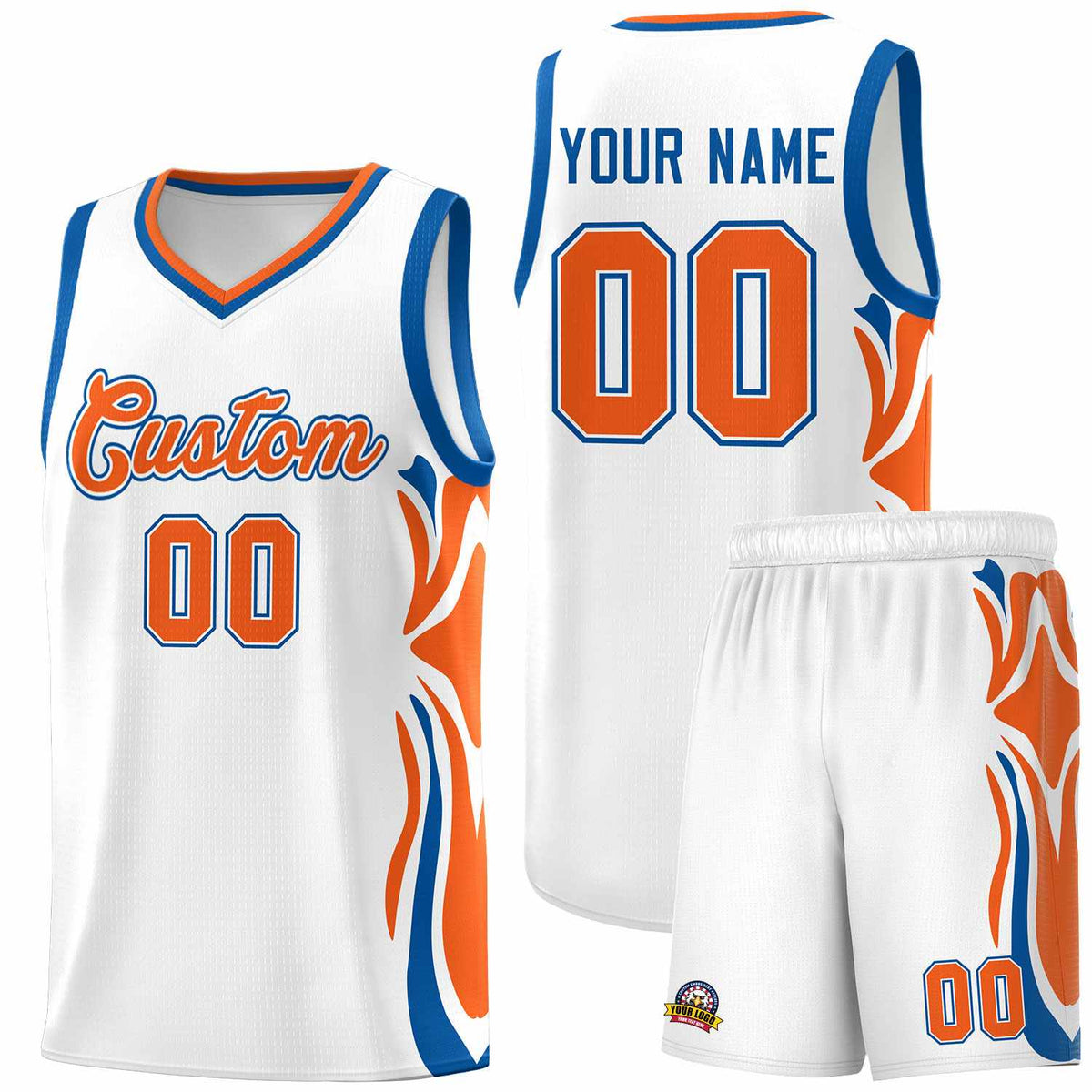 Custom White Orange-Royal Graffiti Pattern Side Curve Pattern Sports Uniform Basketball Jersey Sets