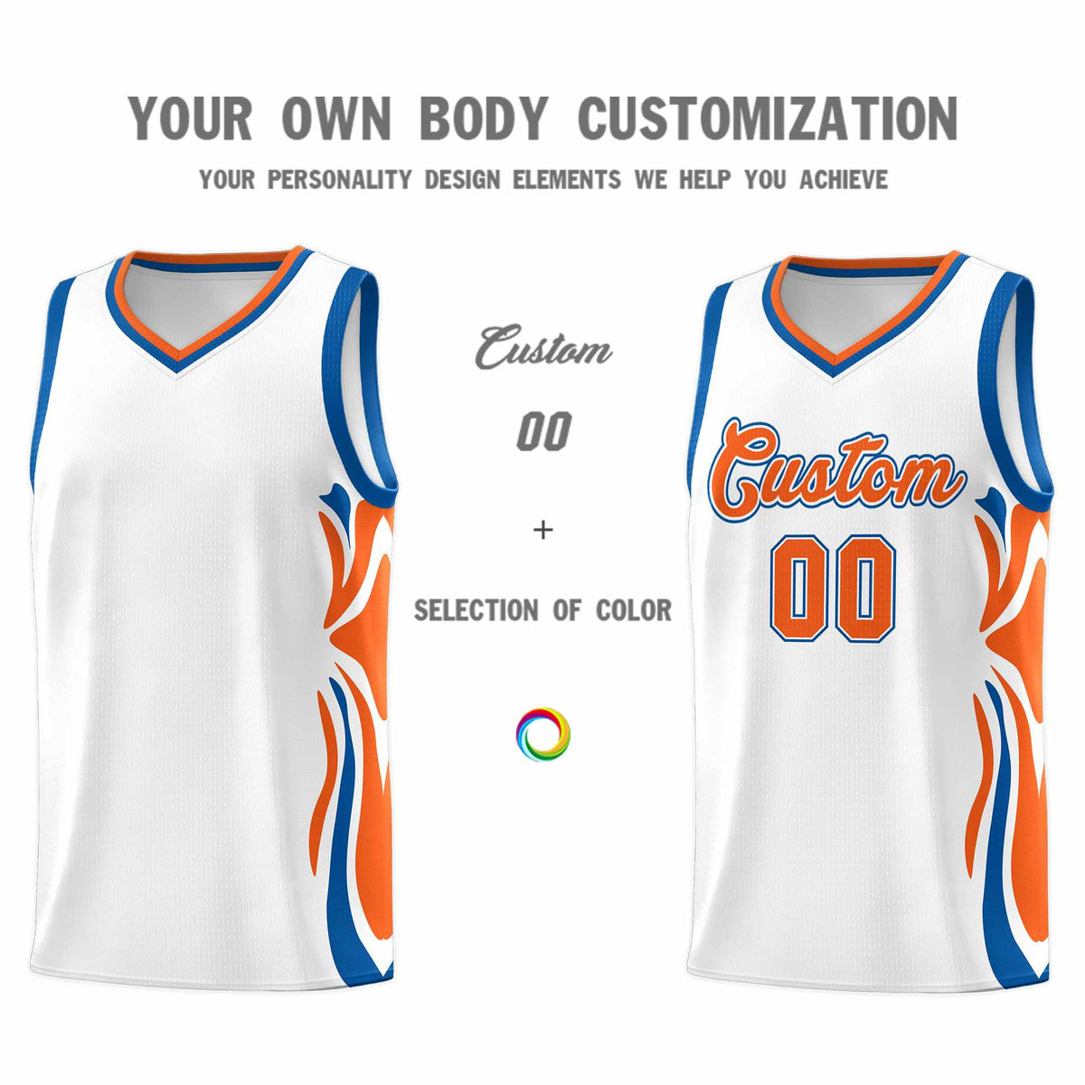Custom White Orange-Royal Graffiti Pattern Side Curve Pattern Sports Uniform Basketball Jersey Sets