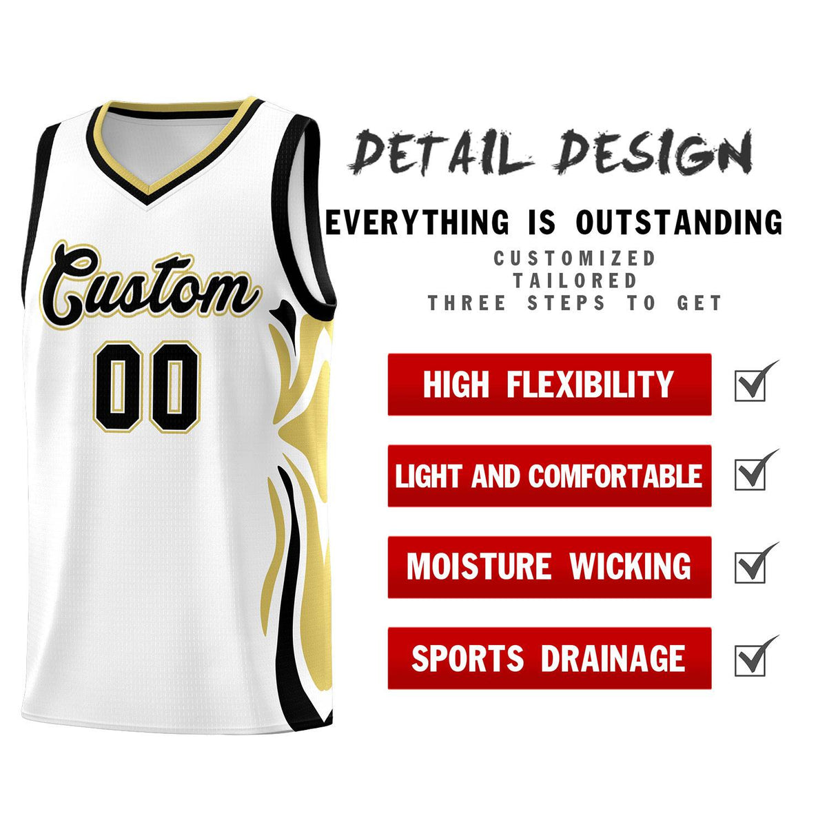 Custom White Black-Old Gold Graffiti Pattern Side Curve Pattern Sports Uniform Basketball Jersey Sets