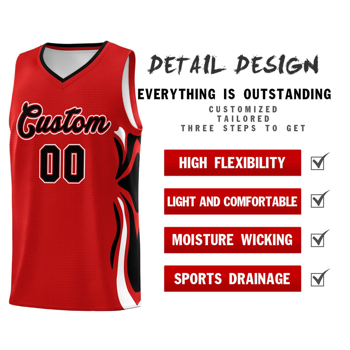 Custom Red Black-White Graffiti Pattern Side Curve Pattern Sports Uniform Basketball Jersey Sets