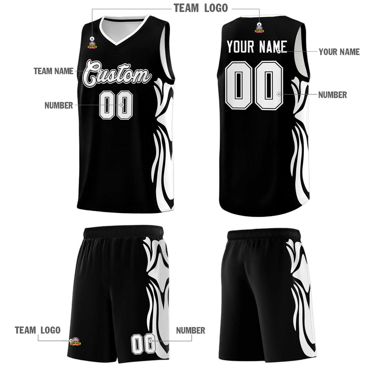 Custom Black White-White Graffiti Pattern Side Curve Pattern Sports Uniform Basketball Jersey Sets