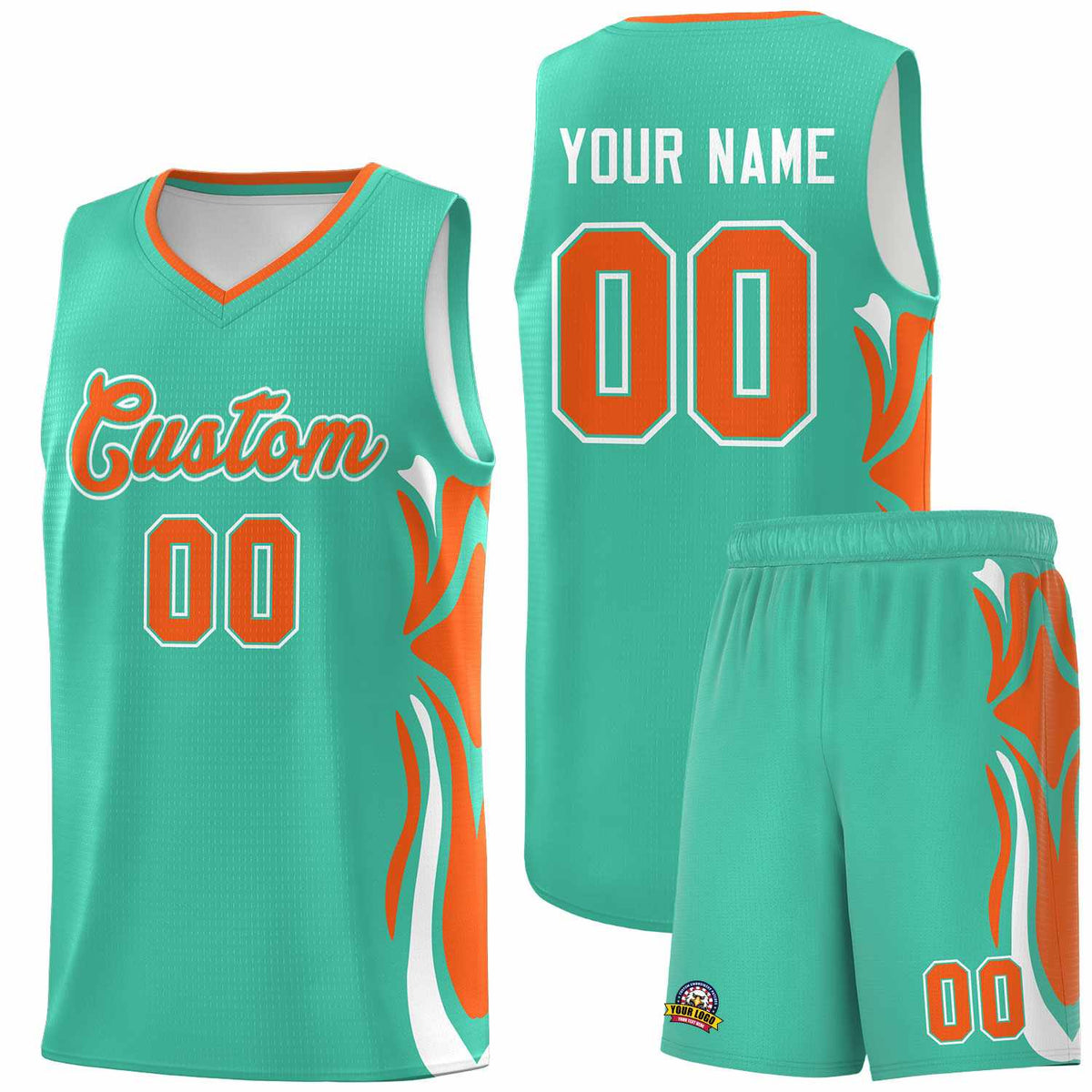 Custom Bright Green Orange-White Graffiti Pattern Side Curve Pattern Sports Uniform Basketball Jersey Sets