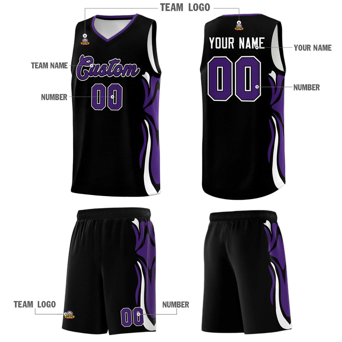 Custom Black Purple-White Graffiti Pattern Side Curve Pattern Sports Uniform Basketball Jersey Sets