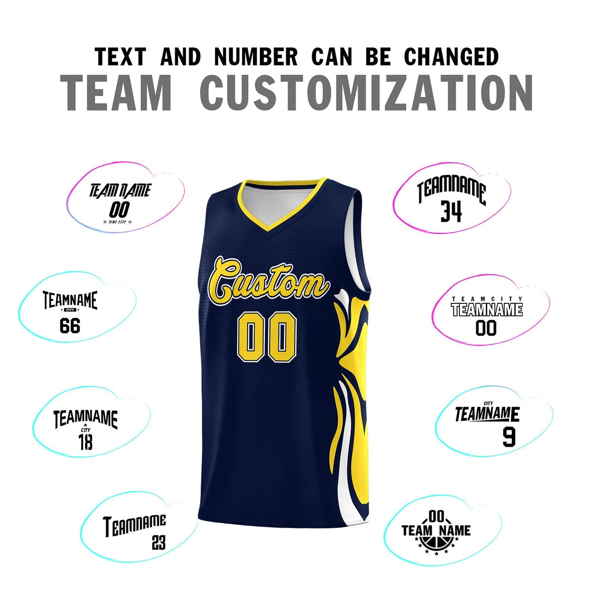 Custom Navy Gold-White Graffiti Pattern Side Curve Pattern Sports Uniform Basketball Jersey Sets