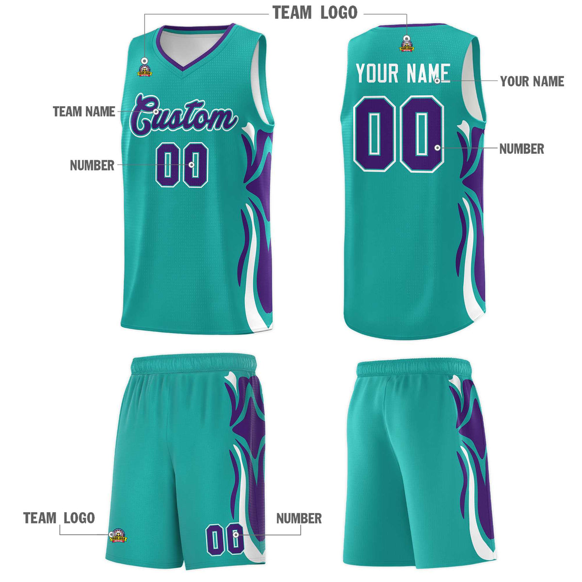 Custom Aqua Purple-White Graffiti Pattern Side Curve Pattern Sports Uniform Basketball Jersey Sets
