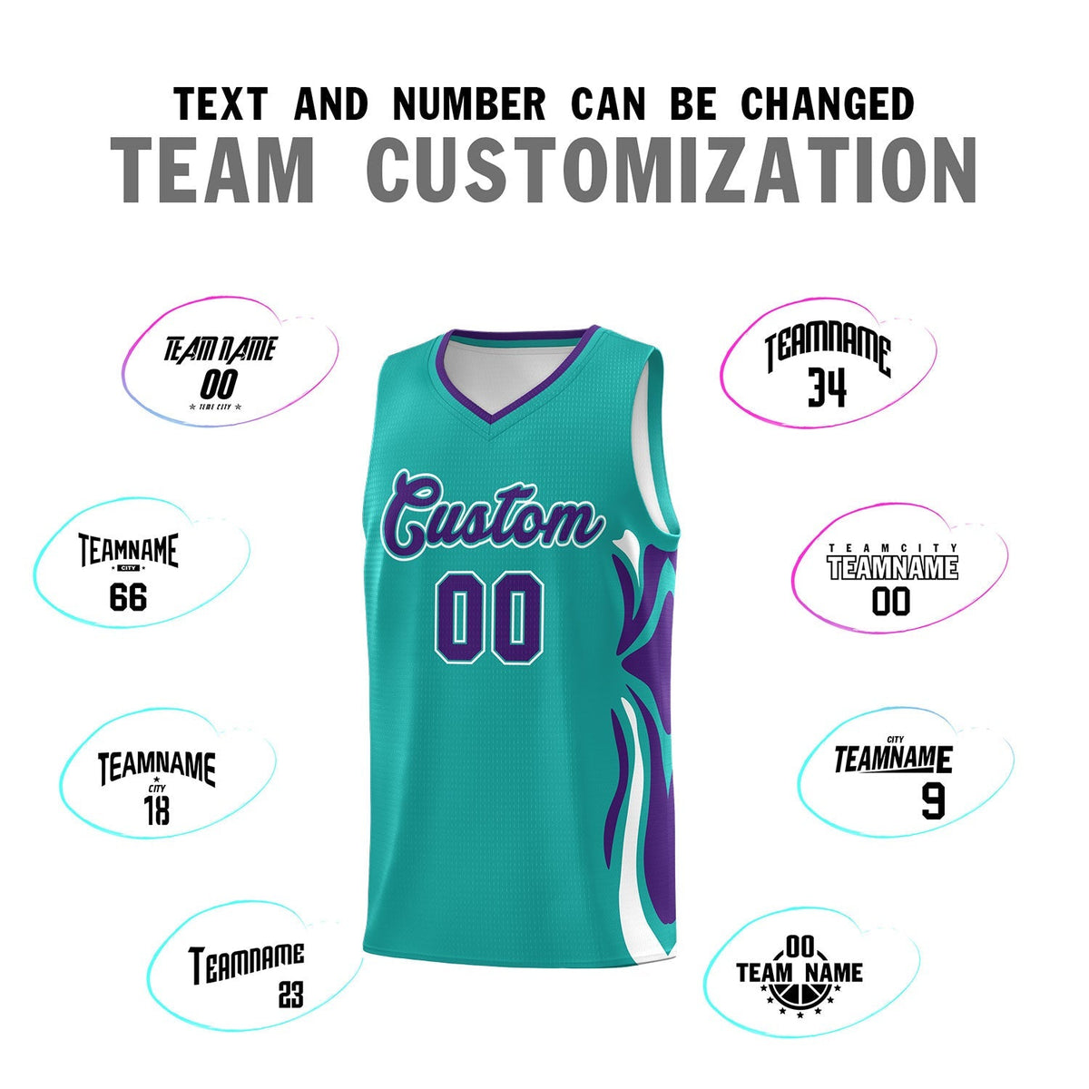 Custom Aqua Purple-White Graffiti Pattern Side Curve Pattern Sports Uniform Basketball Jersey Sets