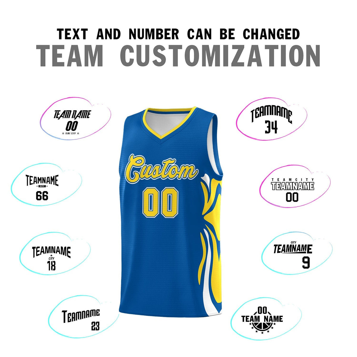 Custom Royal Gold-White Graffiti Pattern Side Curve Pattern Sports Uniform Basketball Jersey Sets