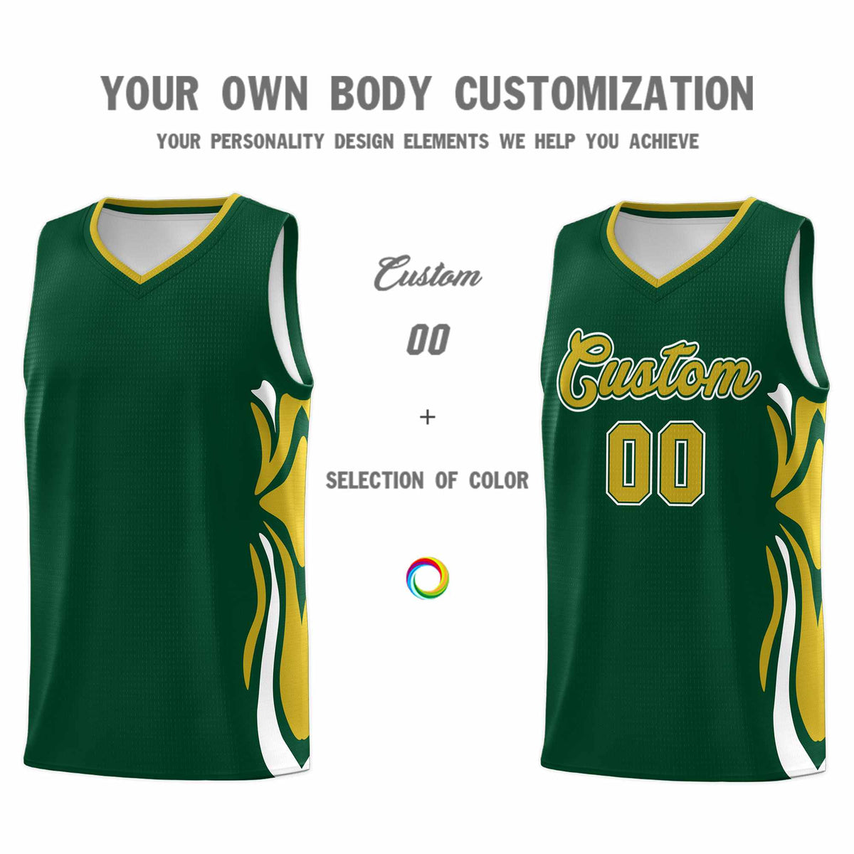 Custom Green Old Gold-White Graffiti Pattern Side Curve Pattern Sports Uniform Basketball Jersey Sets