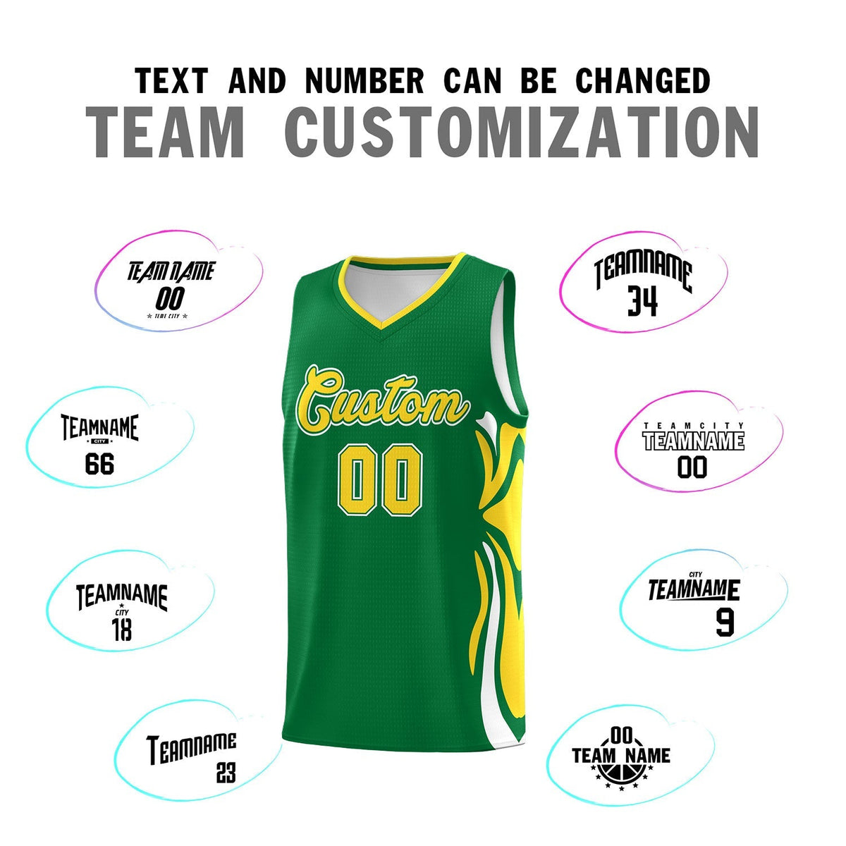 Custom Kelly Green Gold-White Graffiti Pattern Side Curve Pattern Sports Uniform Basketball Jersey Sets