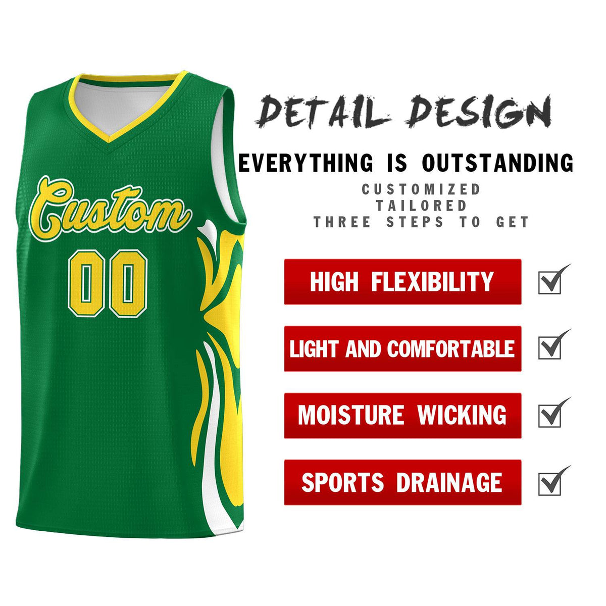 Custom Kelly Green Gold-White Graffiti Pattern Side Curve Pattern Sports Uniform Basketball Jersey Sets