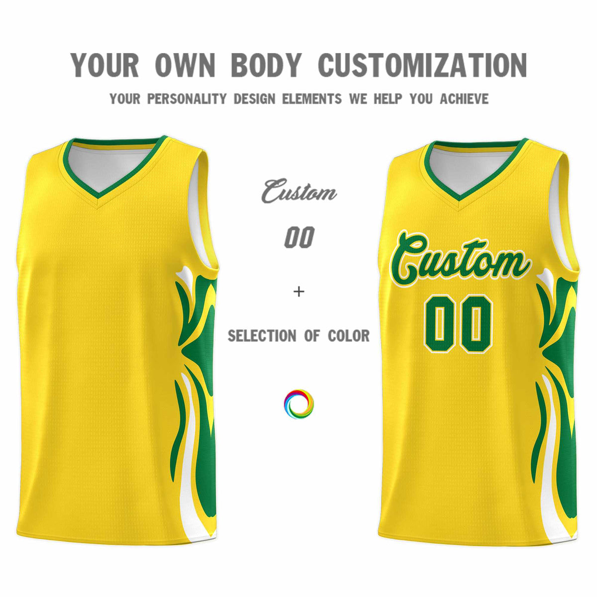 Custom Gold Kelly Green-White Graffiti Pattern Side Curve Pattern Sports Uniform Basketball Jersey Sets