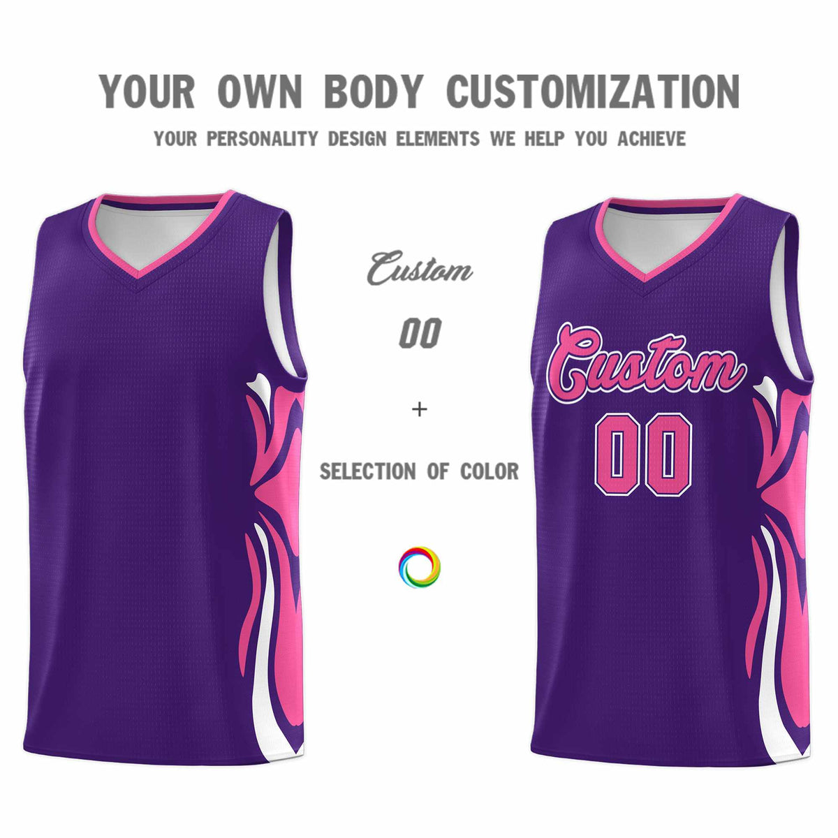 Custom Purple Pink-White Graffiti Pattern Side Curve Pattern Sports Uniform Basketball Jersey Sets