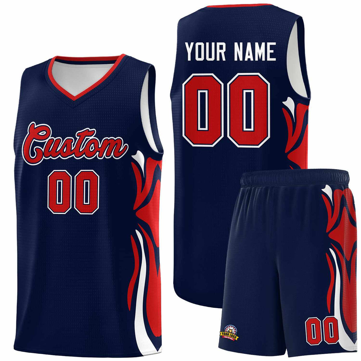 Custom Navy Red-White Graffiti Pattern Side Curve Pattern Sports Uniform Basketball Jersey Sets