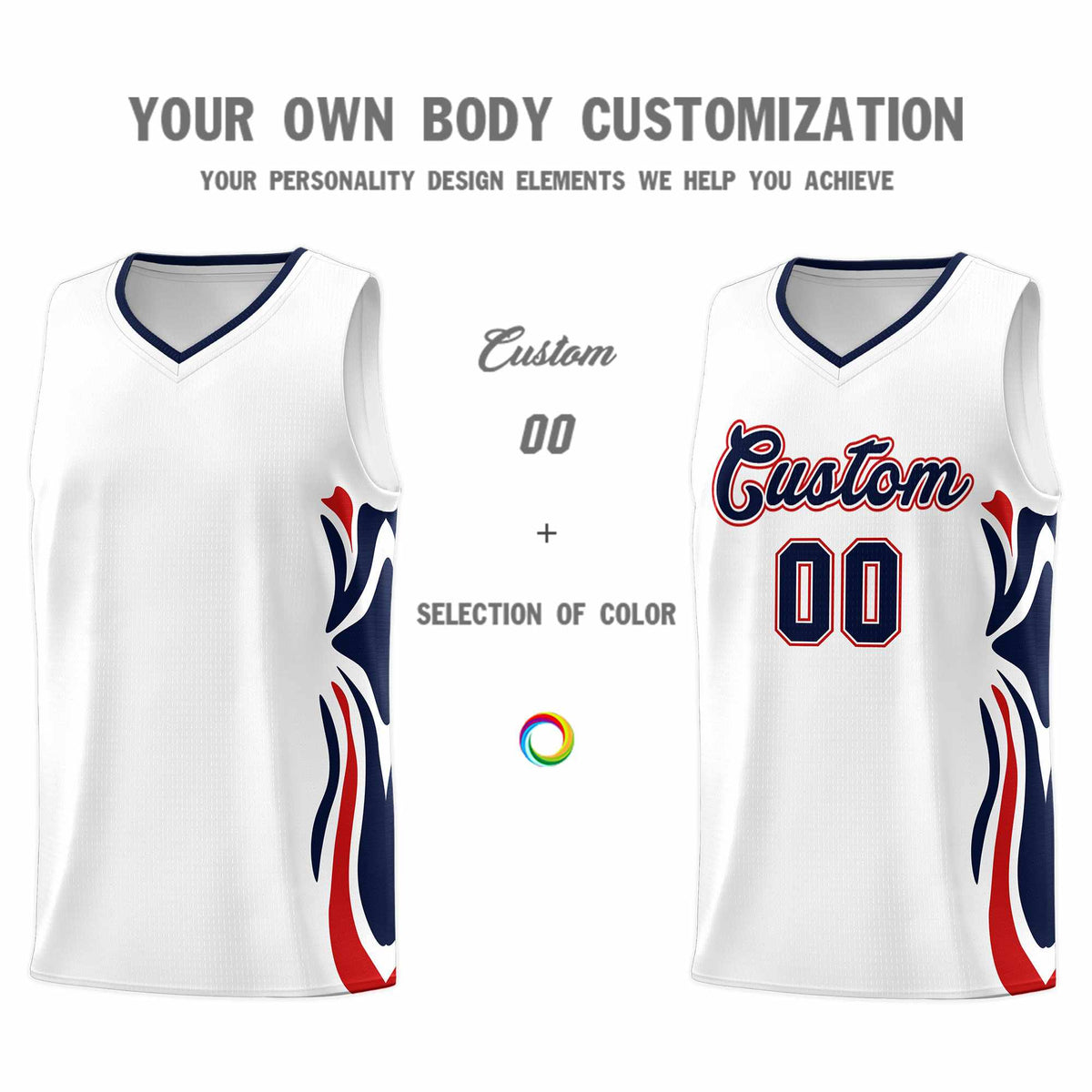 Custom White Navy-Red Graffiti Pattern Side Curve Pattern Sports Uniform Basketball Jersey Sets
