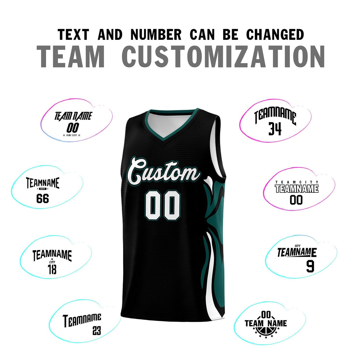 Custom Black White-Midnight Green Graffiti Pattern Side Curve Pattern Sports Uniform Basketball Jersey Sets