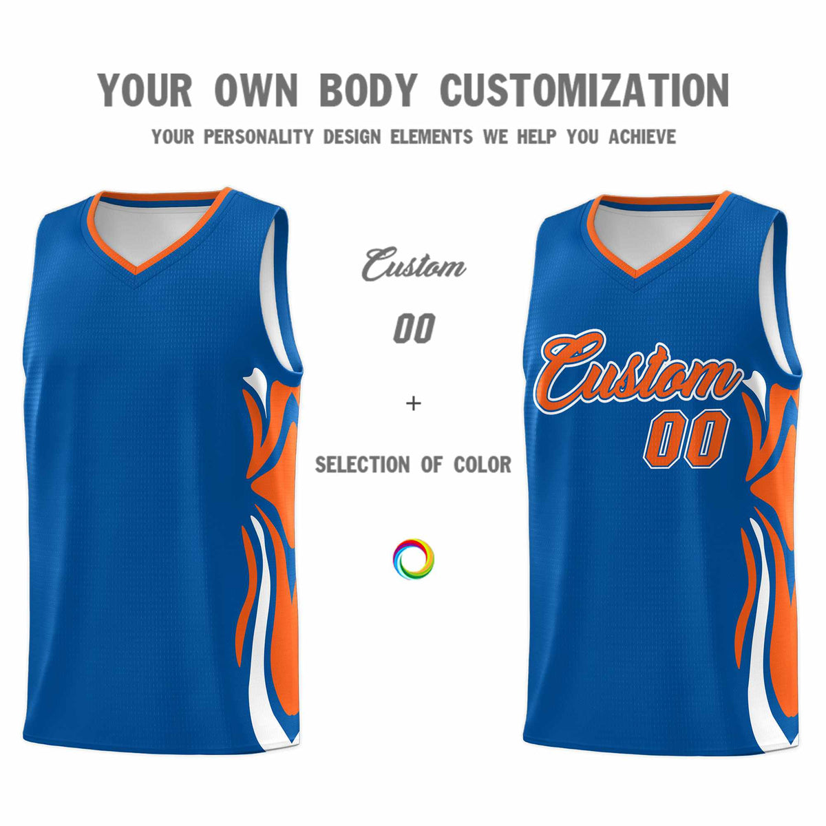 Custom Royal Orange-White Graffiti Pattern Side Curve Pattern Sports Uniform Basketball Jersey Sets