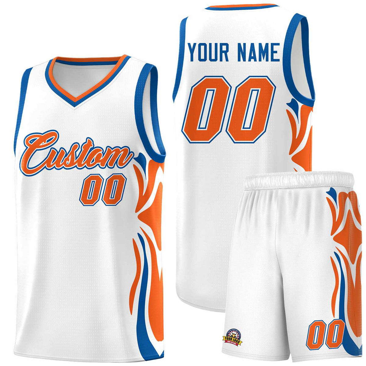 Custom White Orange-Royal Graffiti Pattern Side Curve Pattern Sports Uniform Basketball Jersey Sets