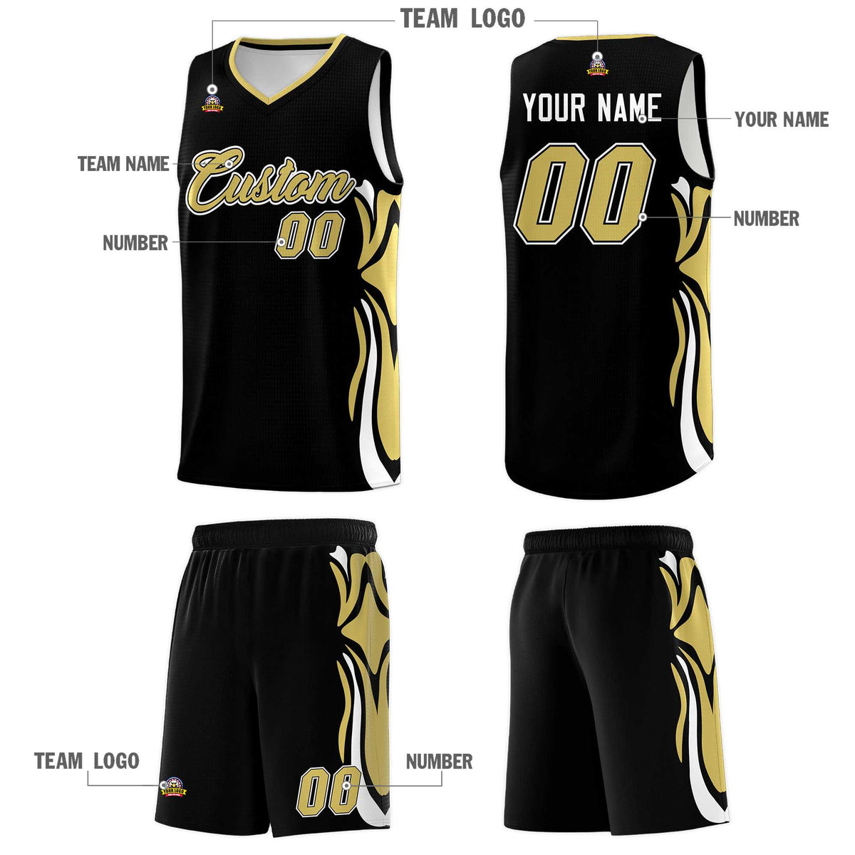 Custom Black Old Gold-White Graffiti Pattern Side Curve Pattern Sports Uniform Basketball Jersey Sets