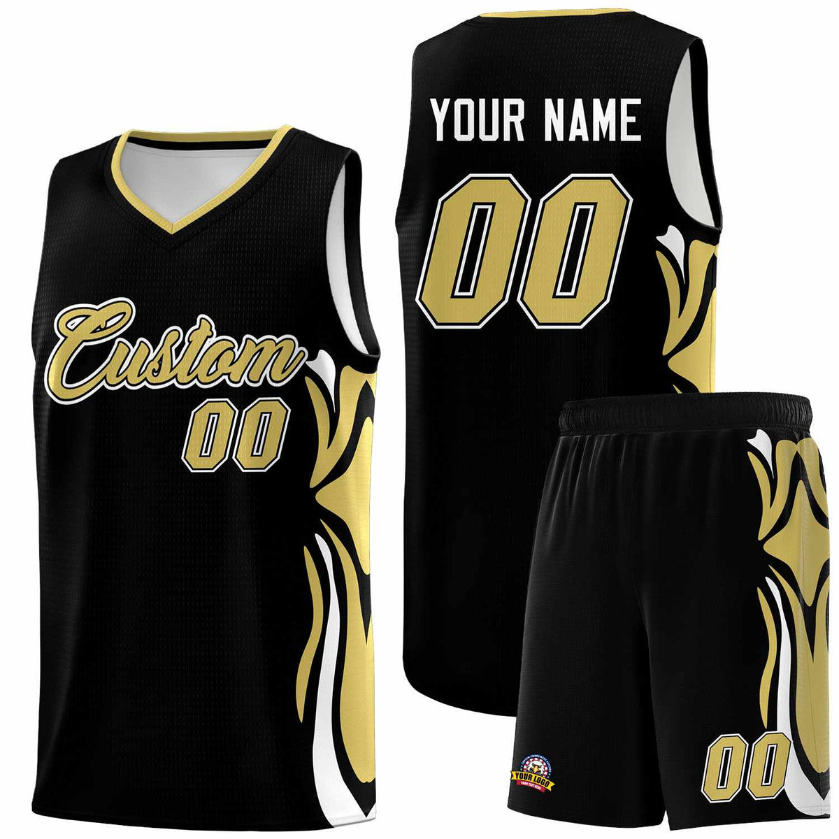 Custom Black Old Gold-White Graffiti Pattern Side Curve Pattern Sports Uniform Basketball Jersey Sets