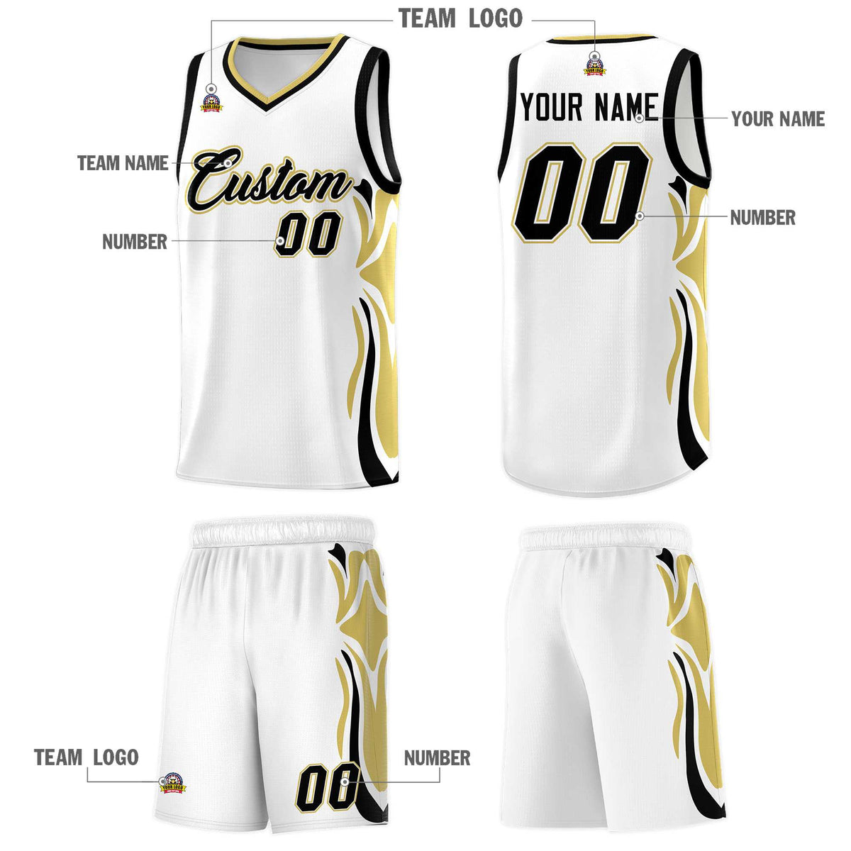 Custom White Black-Old Gold Graffiti Pattern Side Curve Pattern Sports Uniform Basketball Jersey Sets