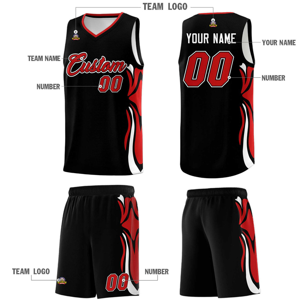 Custom Black Red-White Graffiti Pattern Side Curve Pattern Sports Uniform Basketball Jersey Sets