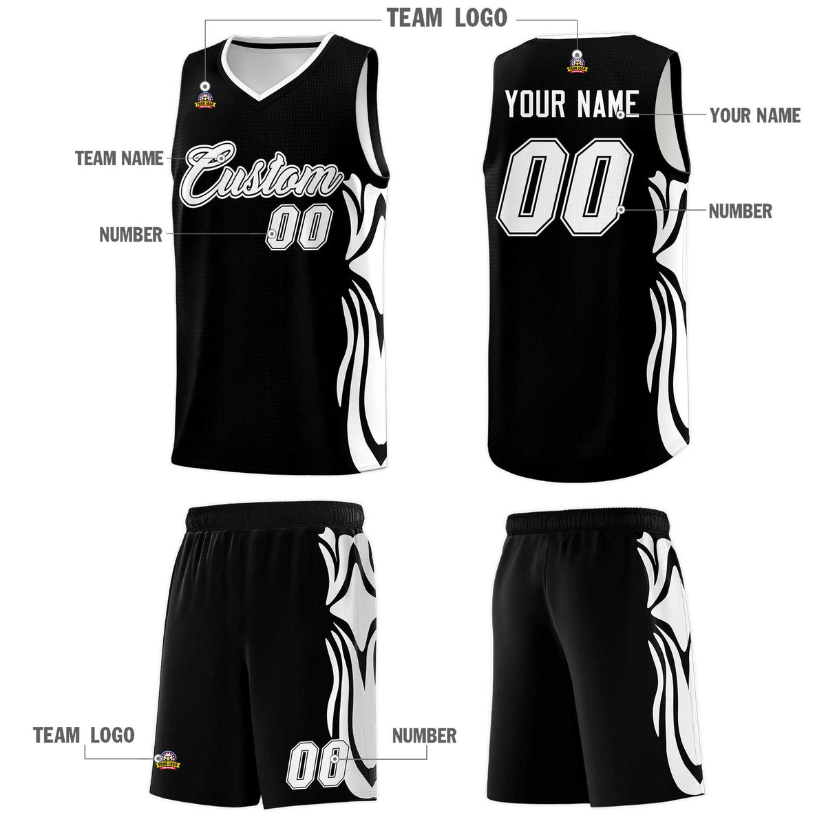 Custom Black White-White Graffiti Pattern Side Curve Pattern Sports Uniform Basketball Jersey Sets