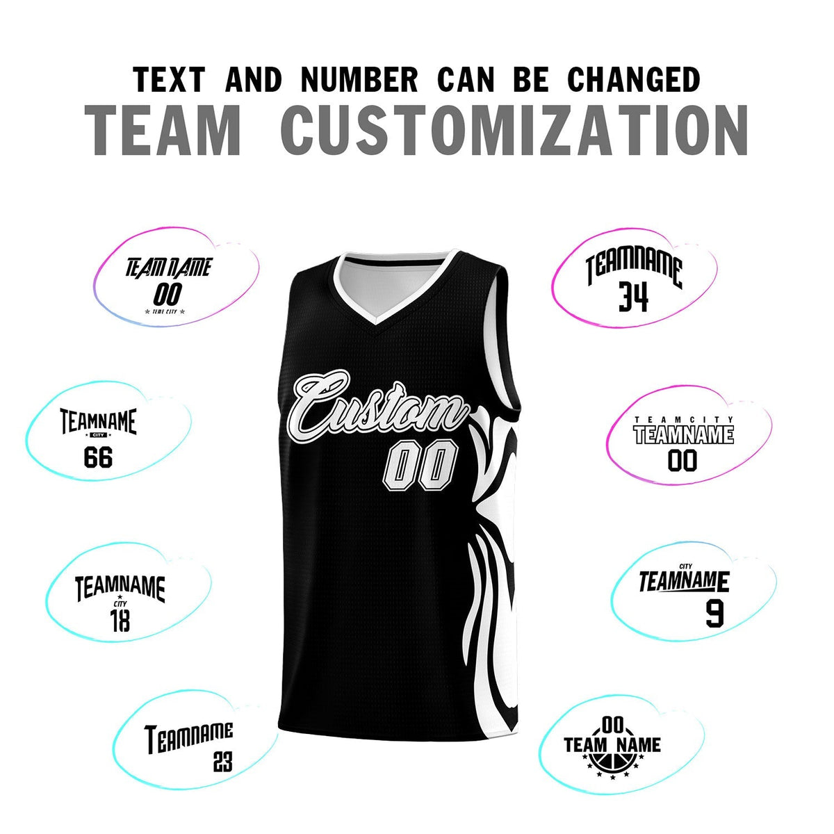 Custom Black White-White Graffiti Pattern Side Curve Pattern Sports Uniform Basketball Jersey Sets