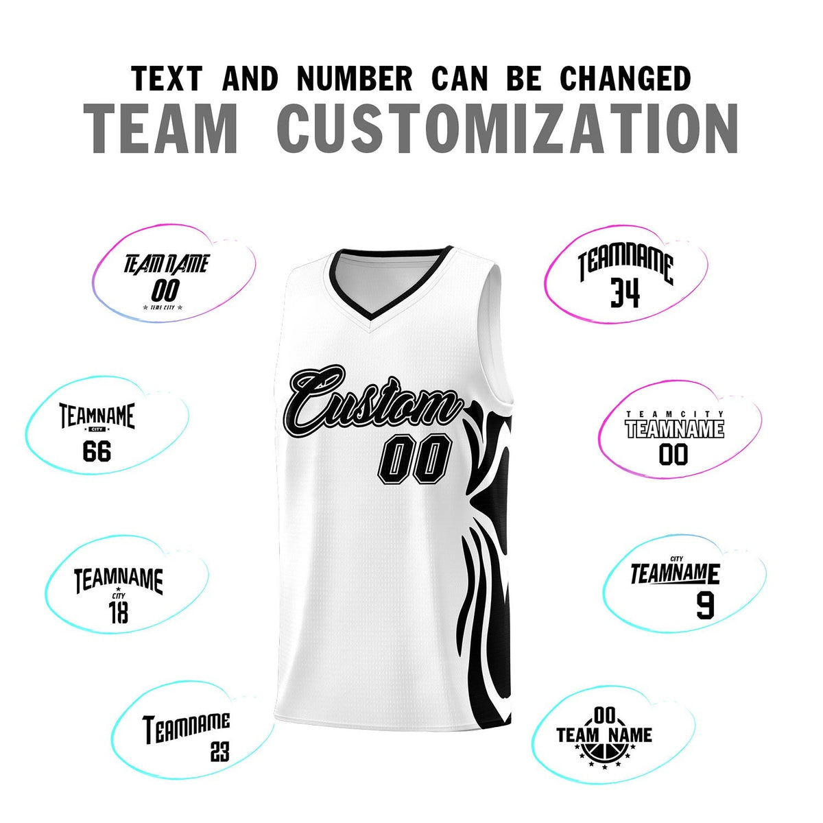Custom White Black-Black Graffiti Pattern Side Curve Pattern Sports Uniform Basketball Jersey Sets