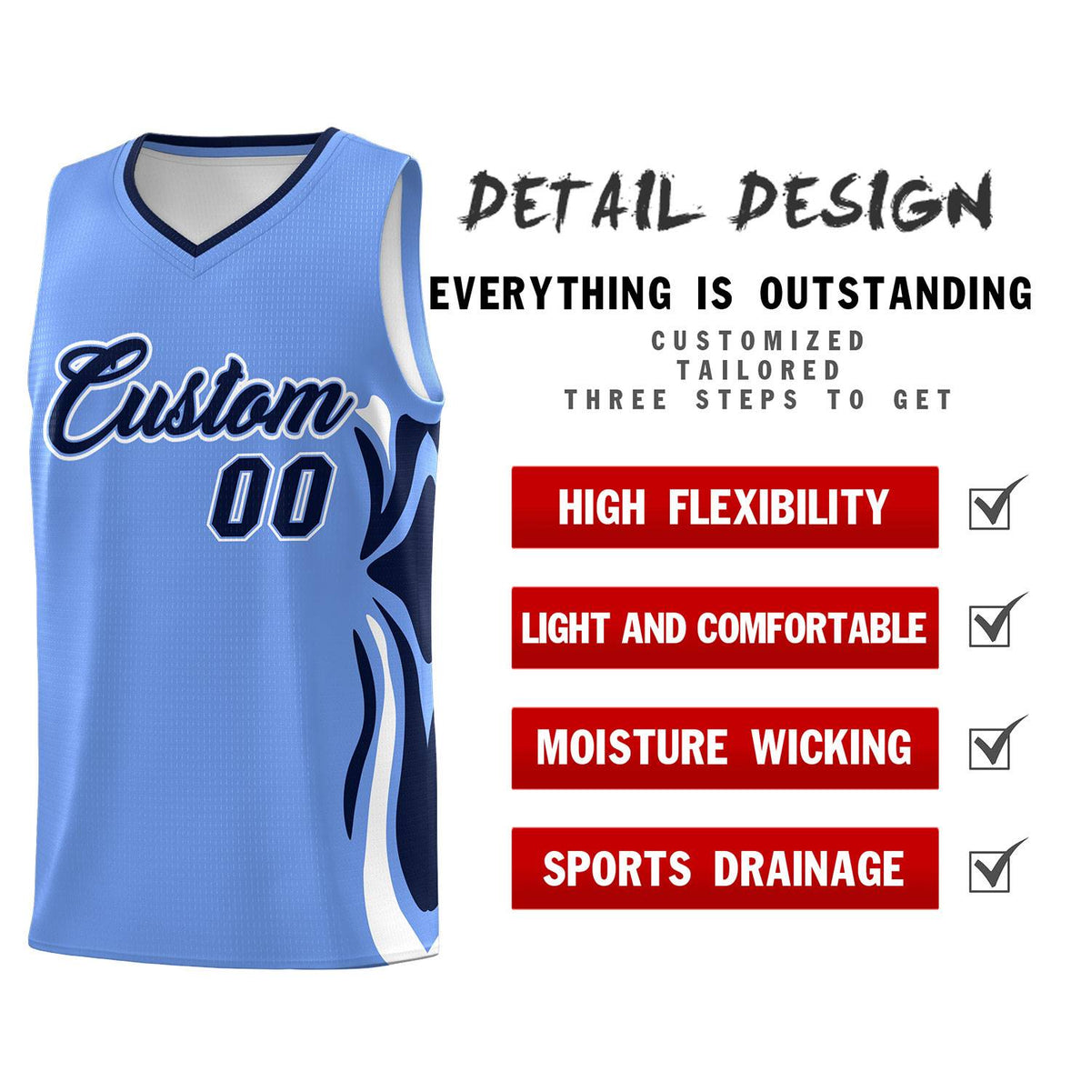 Custom Light Blue Navy-White Graffiti Pattern Side Curve Pattern Sports Uniform Basketball Jersey Sets
