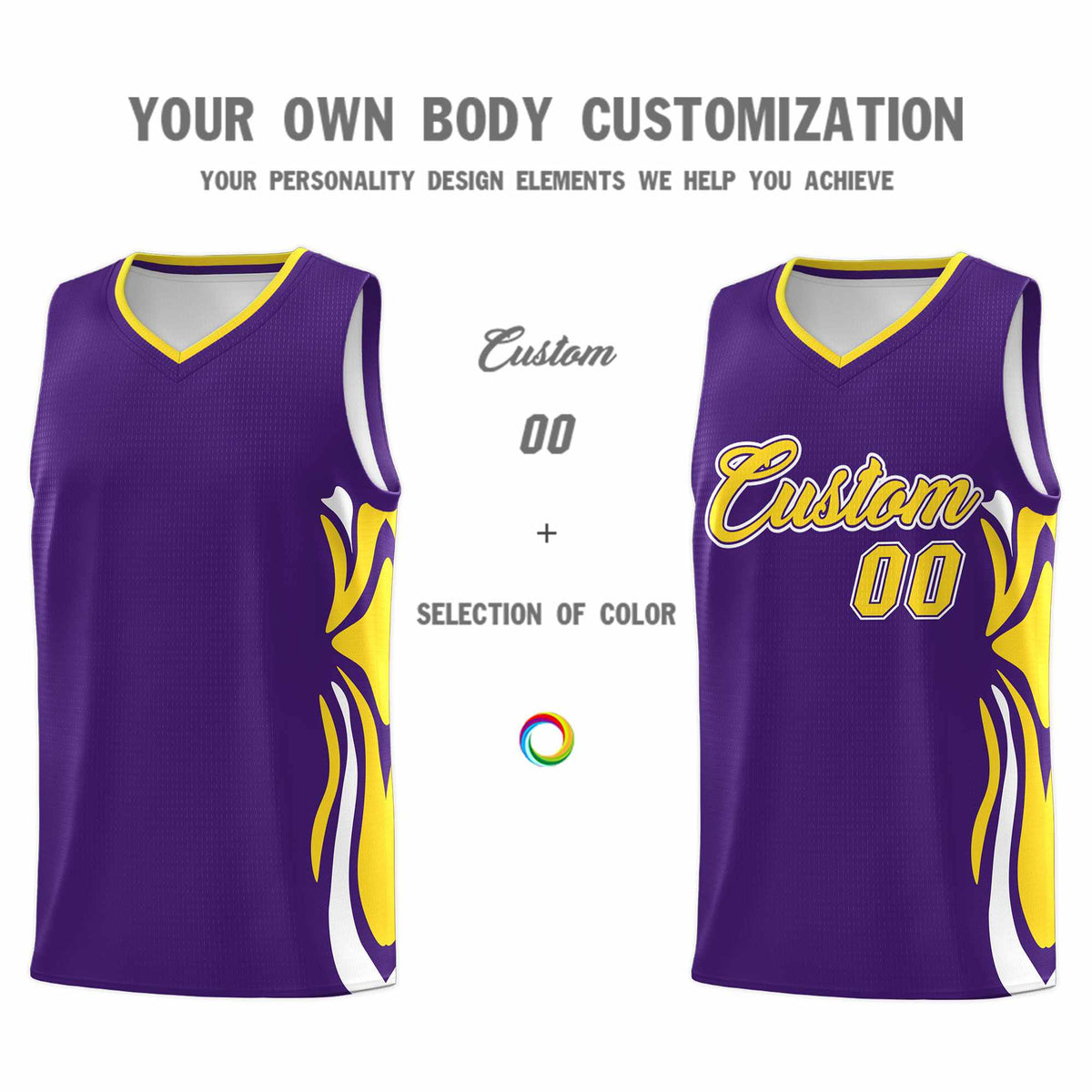 Custom Purple Gold-White Graffiti Pattern Side Curve Pattern Sports Uniform Basketball Jersey Sets