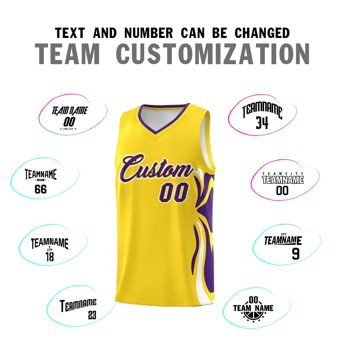 Custom Gold Purple-White Graffiti Pattern Side Curve Pattern Sports Uniform Basketball Jersey Sets