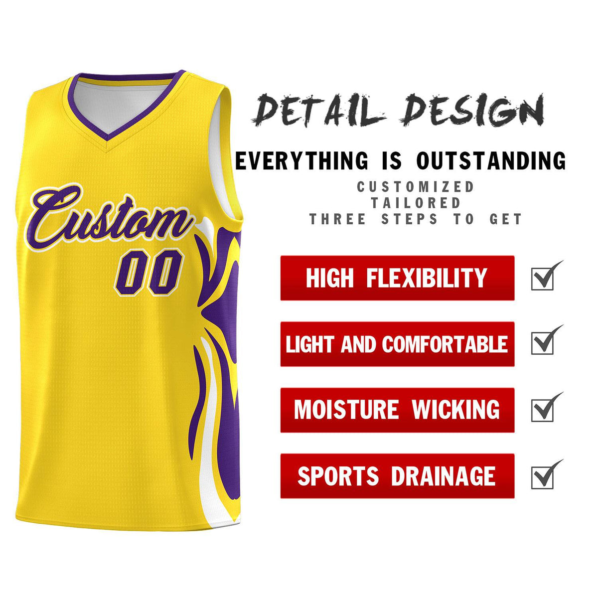 Custom Gold Purple-White Graffiti Pattern Side Curve Pattern Sports Uniform Basketball Jersey Sets
