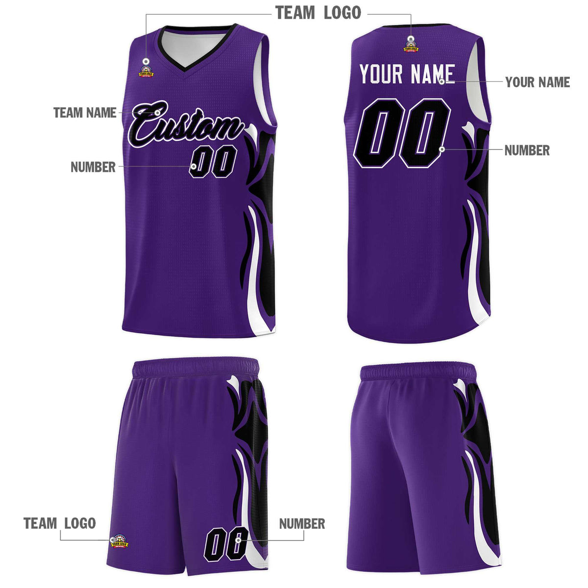 Custom Purple Black-White Graffiti Pattern Side Curve Pattern Sports Uniform Basketball Jersey Sets