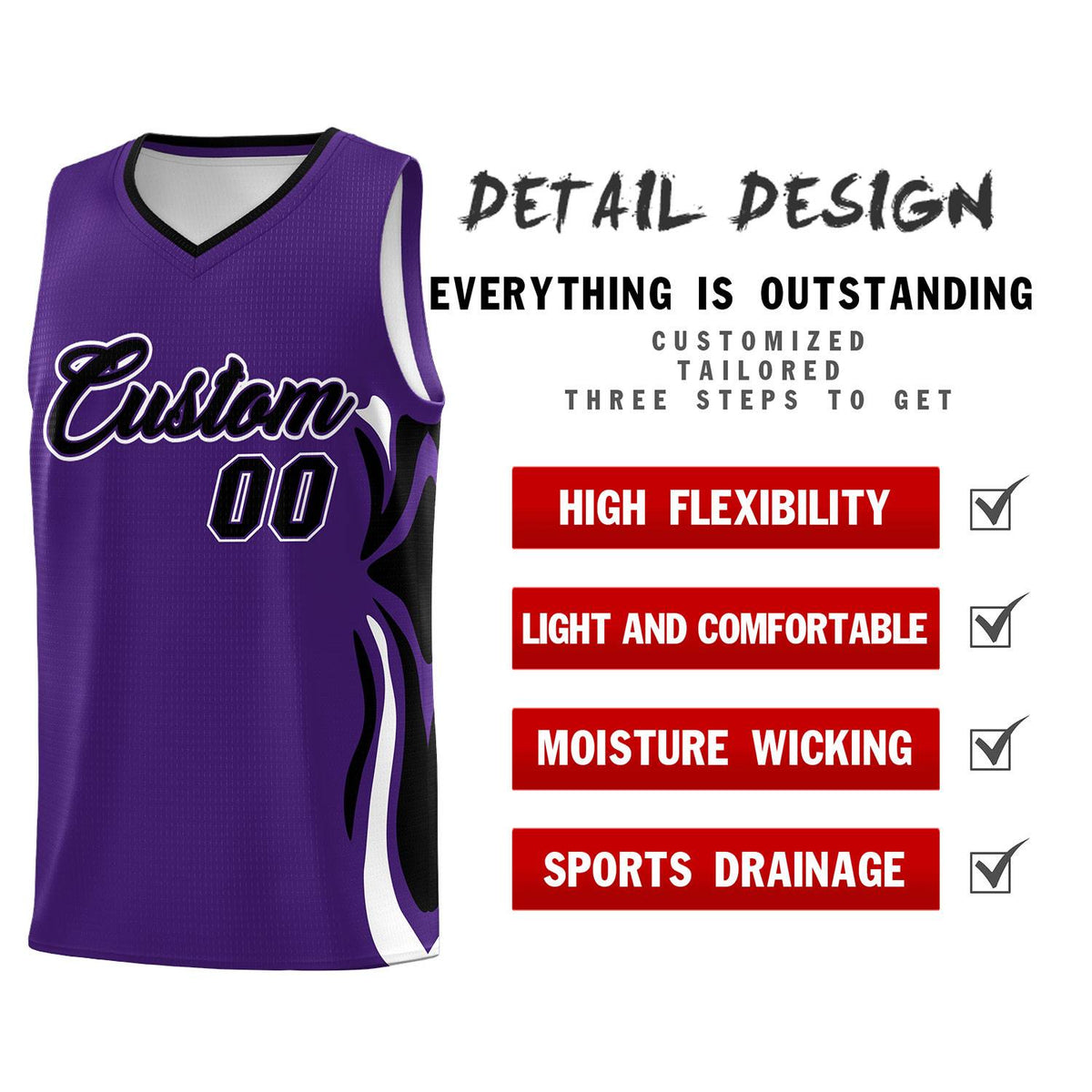 Custom Purple Black-White Graffiti Pattern Side Curve Pattern Sports Uniform Basketball Jersey Sets