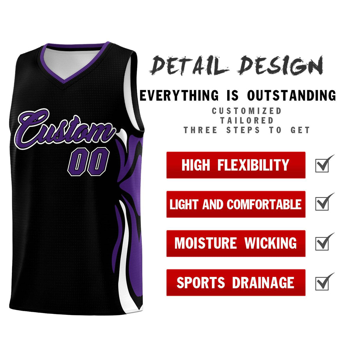 Custom Black Purple-White Graffiti Pattern Side Curve Pattern Sports Uniform Basketball Jersey Sets