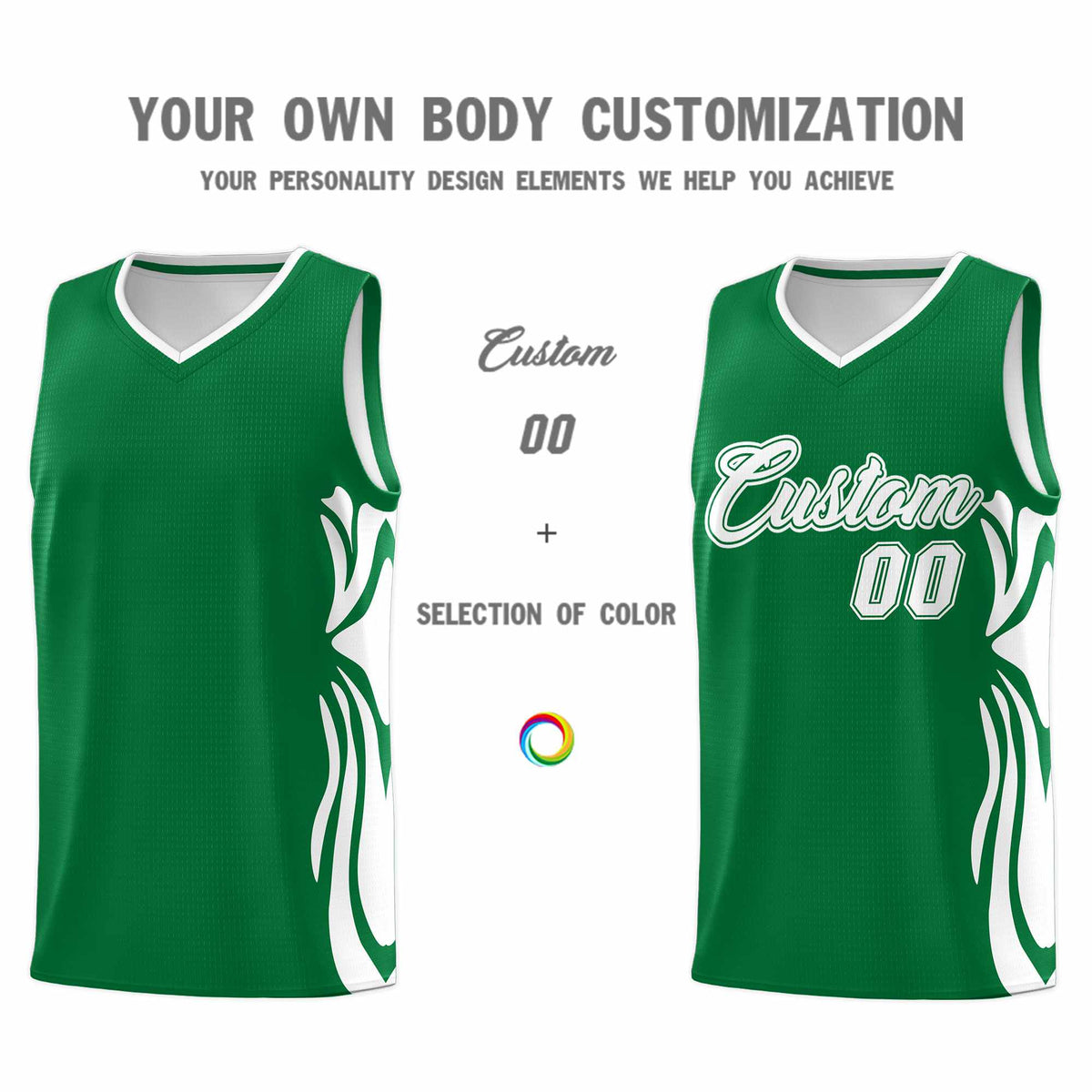 Custom Kelly Green White-White Graffiti Pattern Side Curve Pattern Sports Uniform Basketball Jersey Sets