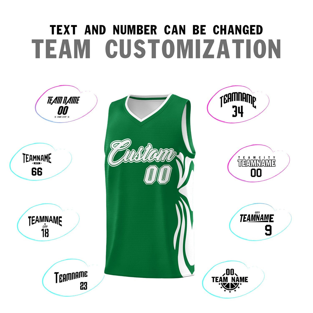 Custom Kelly Green White-White Graffiti Pattern Side Curve Pattern Sports Uniform Basketball Jersey Sets