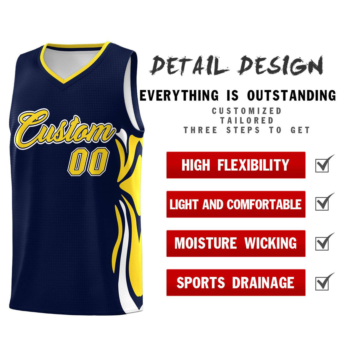 Custom Navy Gold-White Graffiti Pattern Side Curve Pattern Sports Uniform Basketball Jersey Sets