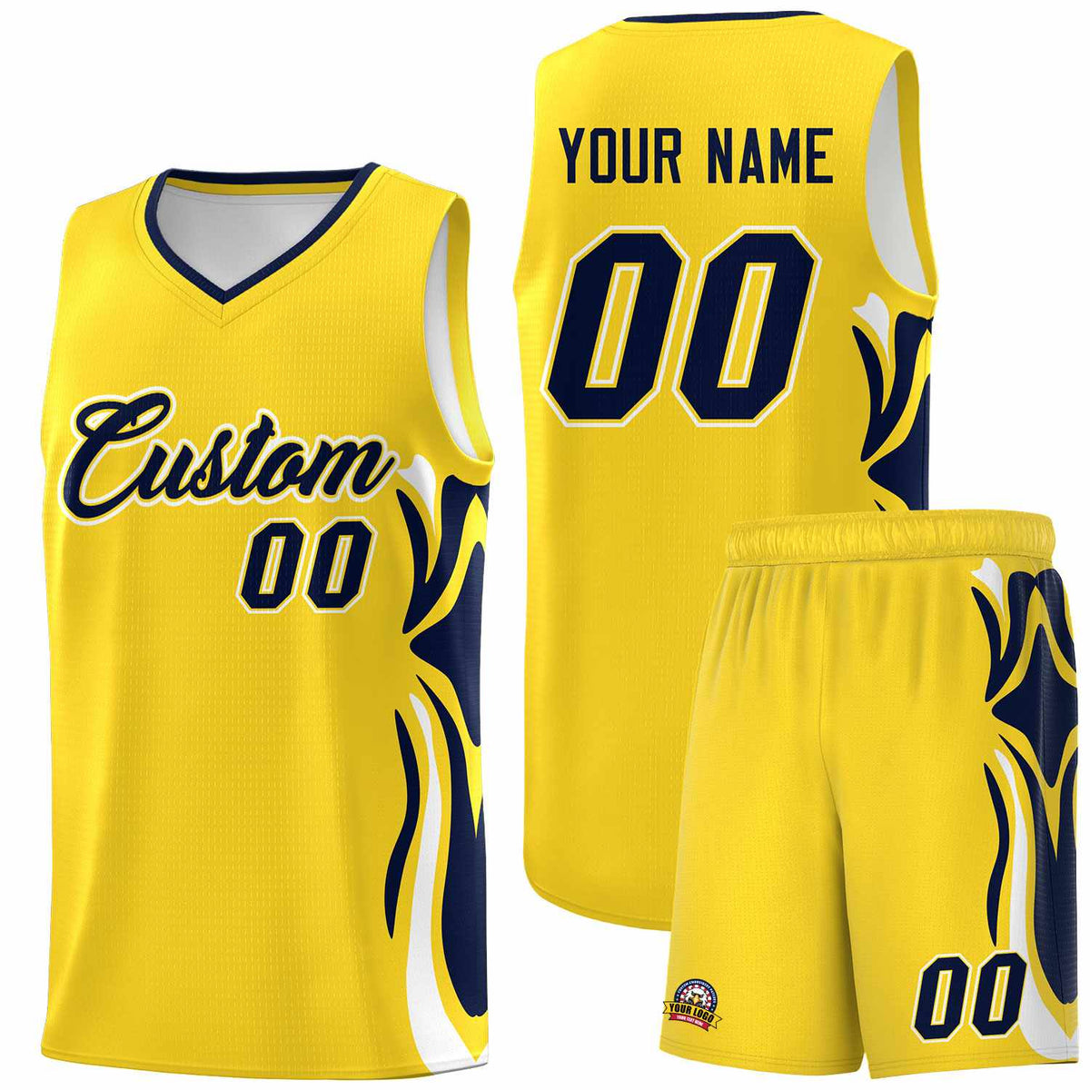 Custom Gold Navy-White Graffiti Pattern Side Curve Pattern Sports Uniform Basketball Jersey Sets