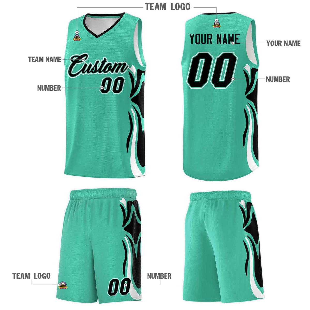 Custom Bright Green Black-White Graffiti Pattern Side Curve Pattern Sports Uniform Basketball Jersey Sets