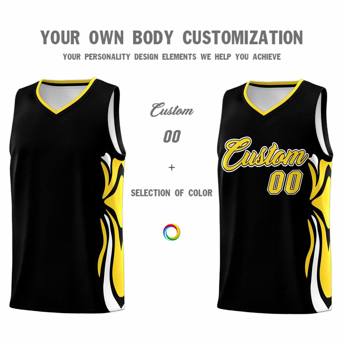 Custom Black Gold-White Graffiti Pattern Side Curve Pattern Sports Uniform Basketball Jersey Sets