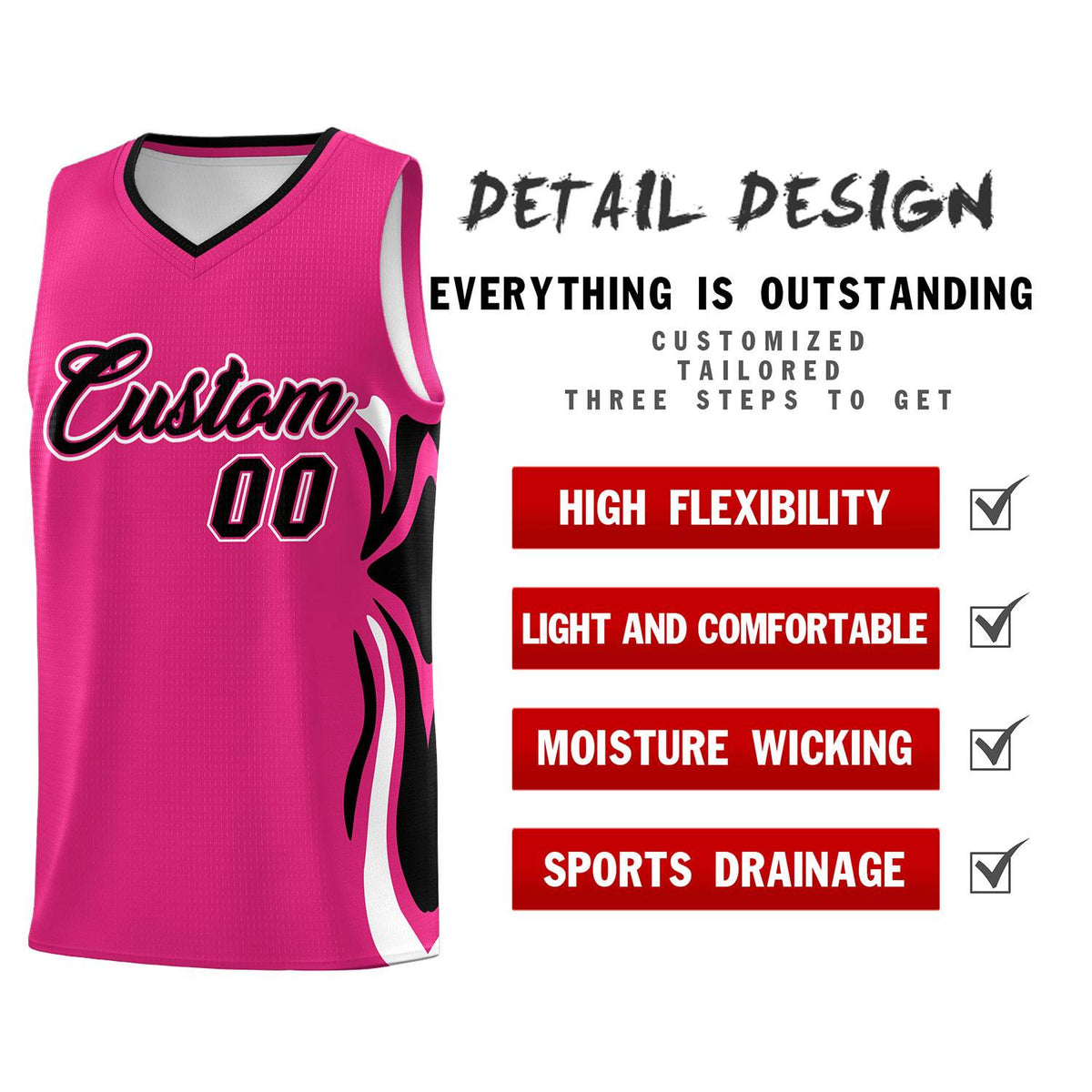 Custom Pink Black-White Graffiti Pattern Side Curve Pattern Sports Uniform Basketball Jersey Sets