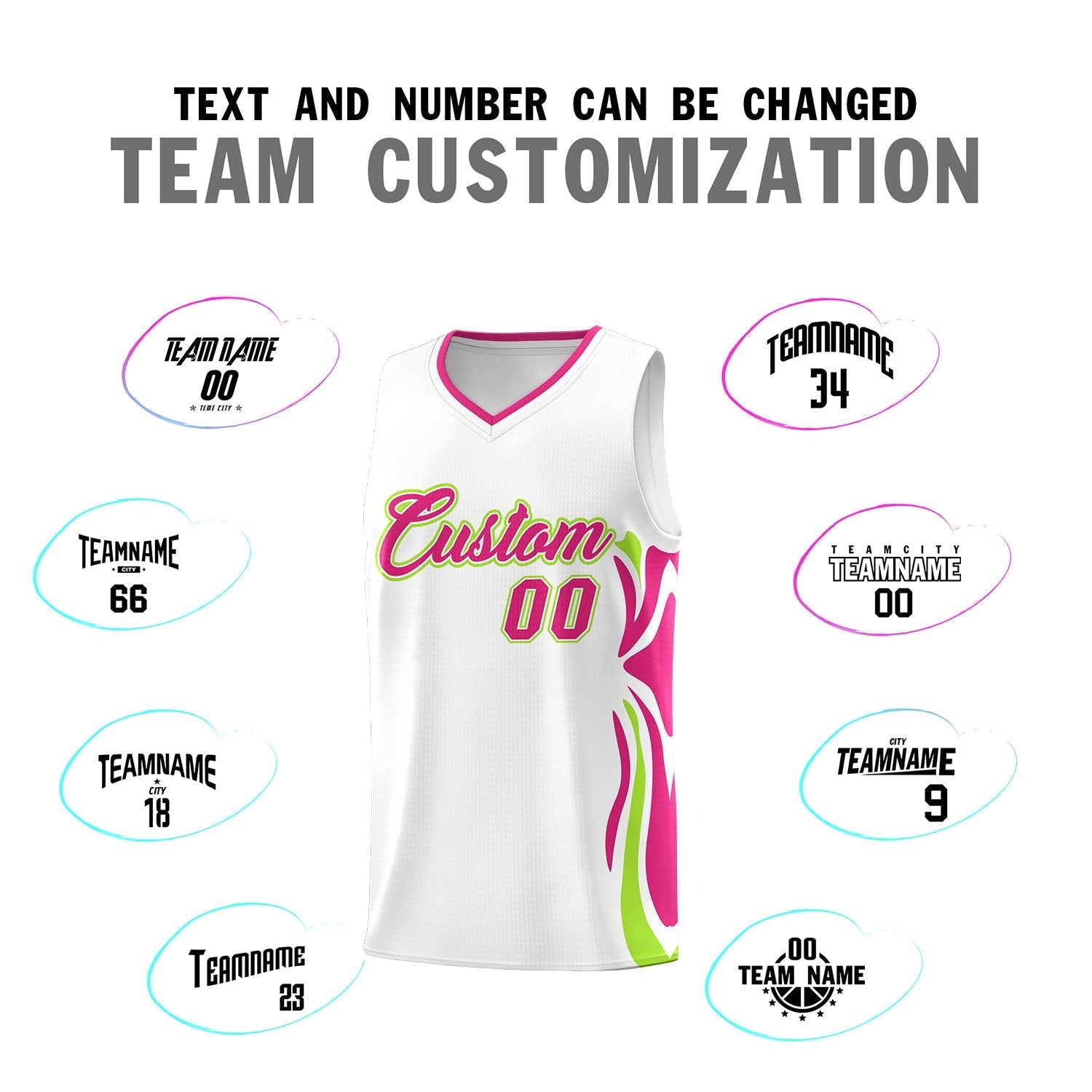 Custom White Pink-Light Green Graffiti Pattern Side Curve Pattern Sports Uniform Basketball Jersey Sets