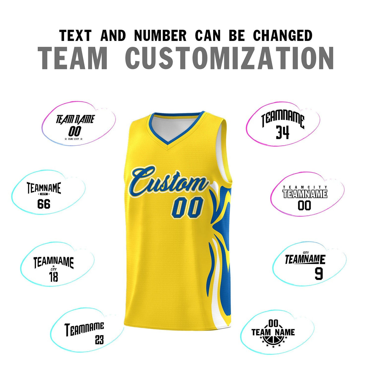 Custom Gold Royal-White Graffiti Pattern Side Curve Pattern Sports Uniform Basketball Jersey Sets