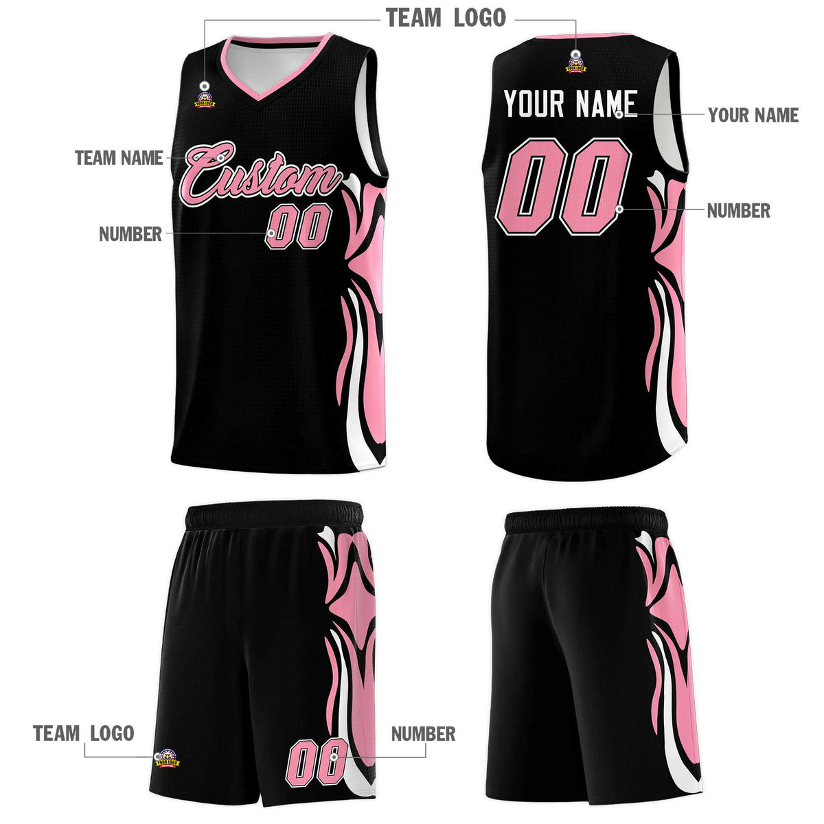 Custom Black Light Pink-White Graffiti Pattern Side Curve Pattern Sports Uniform Basketball Jersey Sets