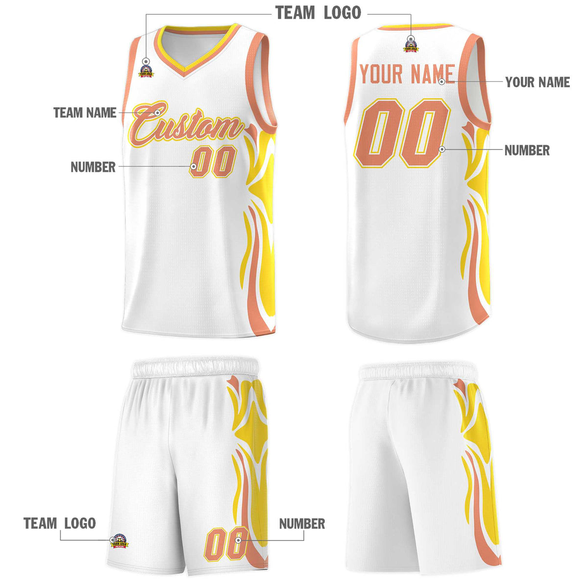 Custom White Light Orange-Gold Graffiti Pattern Side Curve Pattern Sports Uniform Basketball Jersey Sets