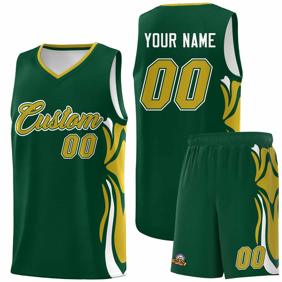 Custom Green Old Gold-White Graffiti Pattern Side Curve Pattern Sports Uniform Basketball Jersey Sets